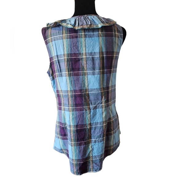 Heritage Collection by Bass Madras Plaid Sleeveless Ruffle Front Blouse Size Med - Picture 4 of 5